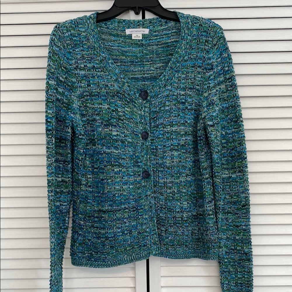 Liz Claiborne Women’s Medium Cardigan Sweater Long Sleeve Blue Green 100% Cotton